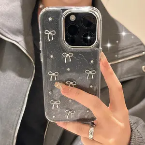 INS Korea Glitter 3D Silver Bow Beads Phone Case For iPhone 16 15 14 13 12 11 17 Pro Max 7 8 Plus X Epoxy S Girl Clear Cover
