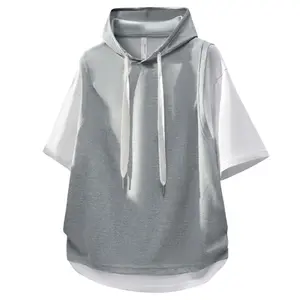 Solid color waffle texture loose mock two-piece hooded short-sleeve T-shirt for men—summer pure cotton, breathable, quick-drying, casual sporty, versatile youth streetwear brand; unisex design; suitable for everyday wear and vacations; #SummerVibes