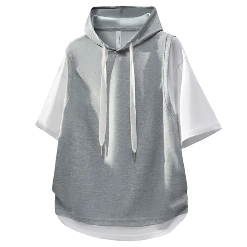 Men's Grey White Fake Two Piece Hooded Sleeveless Vest T-Shirt, Drawstring Hood Curved Hem Loose Oversized Layered Short Sleeve Casual Top For Summer Daily Streetwear Outfits # SummerWins