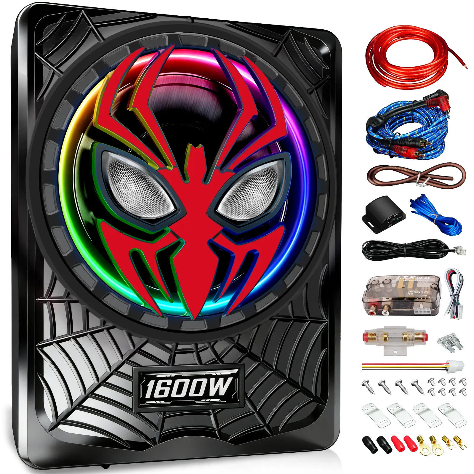 SCBPAUD 10-inch Slim Enclosed Full Set Car Subwoofer - 1600W Built-in Amplifier, RGB LED Light Rear Underseat Bass Box for Truck, SUV