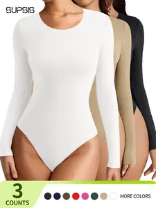 【Basic Solid Bodysuits】Women's Long Sleeve Bodysuits Spring&Summer Basic Round Neck Lightweight Double Lined Layering Slim Body Suit Tops,Spring Break Outfits,Spring Fashion