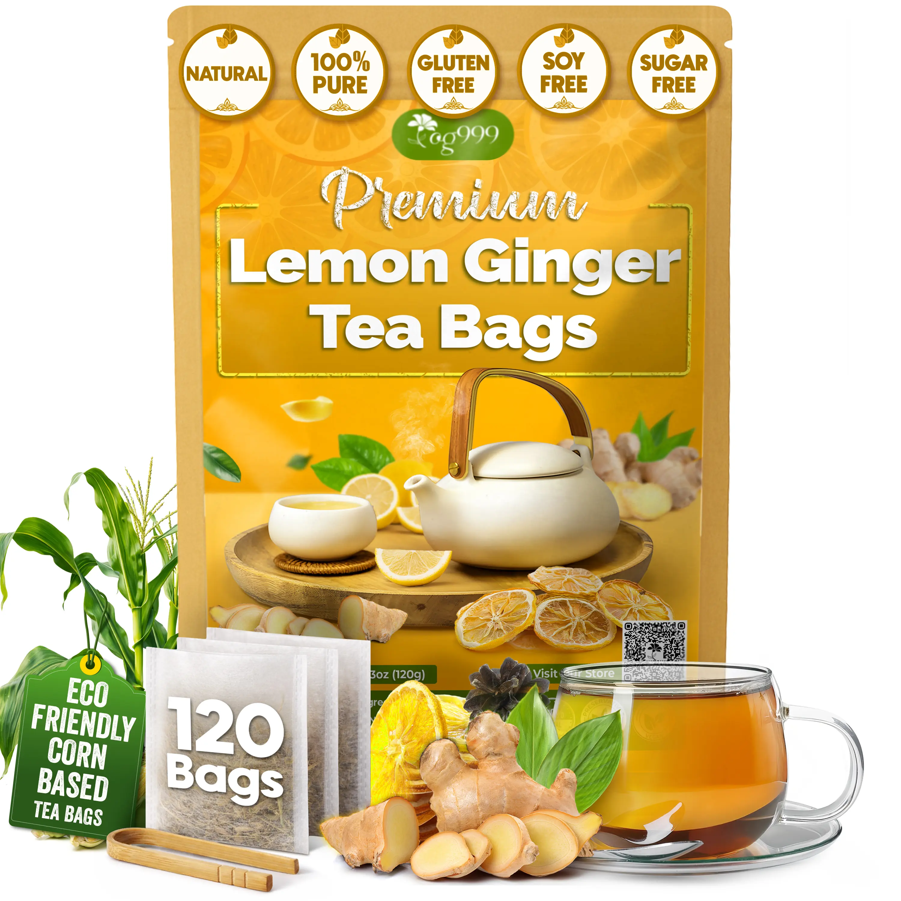 TOG999, Premium Lemon Ginger Tea Bags | 120 Tea Bags | Refreshing Herbal Blend with Bright Citrus & Warming Ginger | Naturally Caffeine-Free | 100% Plant-Based, Sustainably Sourced Herbal Tea