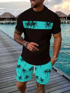 Men's Summer Vacation Tropical Coconut Tree Print Round Neck Pullover T-Shirt + Drawstring Shorts Set, Casual Loose Fit Two-Piece