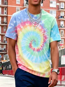 Men's Rainbow Spiral Tie-Dye Print Loose T-Shirt, 240g 100% Cotton Y2K Street Style Casual Short Sleeve, Breathable Summer Top
