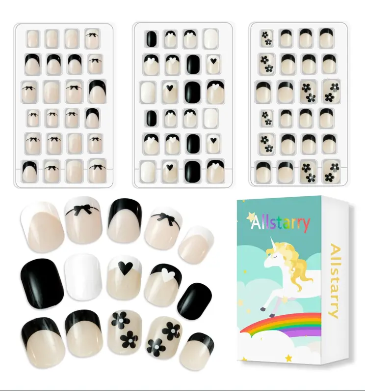 Allstarry 72pcs 3 pack Children Nails Press on Pre-glue Full Cover Kids French Tip Press on Nails Short False Nail Kits Lovely Gift for Children Little Girls Nail Art Decoration - Romantic French