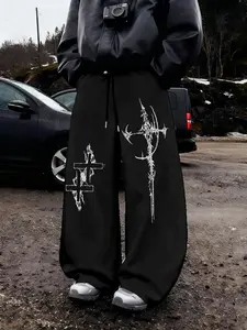 Occult Cross & Thorn Graphic Wide Leg Sweatpants | Gothic Dark Streetwear Baggy Pants