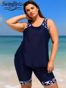 Briza｜Soft Tankini With Shorts Tankini For Women In Navy Starfish Print As A Two-Piece Tankini Swimsuits Set, Plus Size Swimsuits For Women, Vacation Swimwear For Women, Bathing Suit Women Set And Swim Shorts Set Women For Beach Confidence