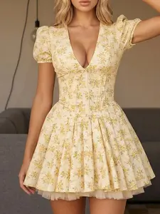 Women's Floral Print Zipper Dress, Summer Clothes Women, Deep V Neck Short Dress for Summer, Women's Clothing for Daily Wear