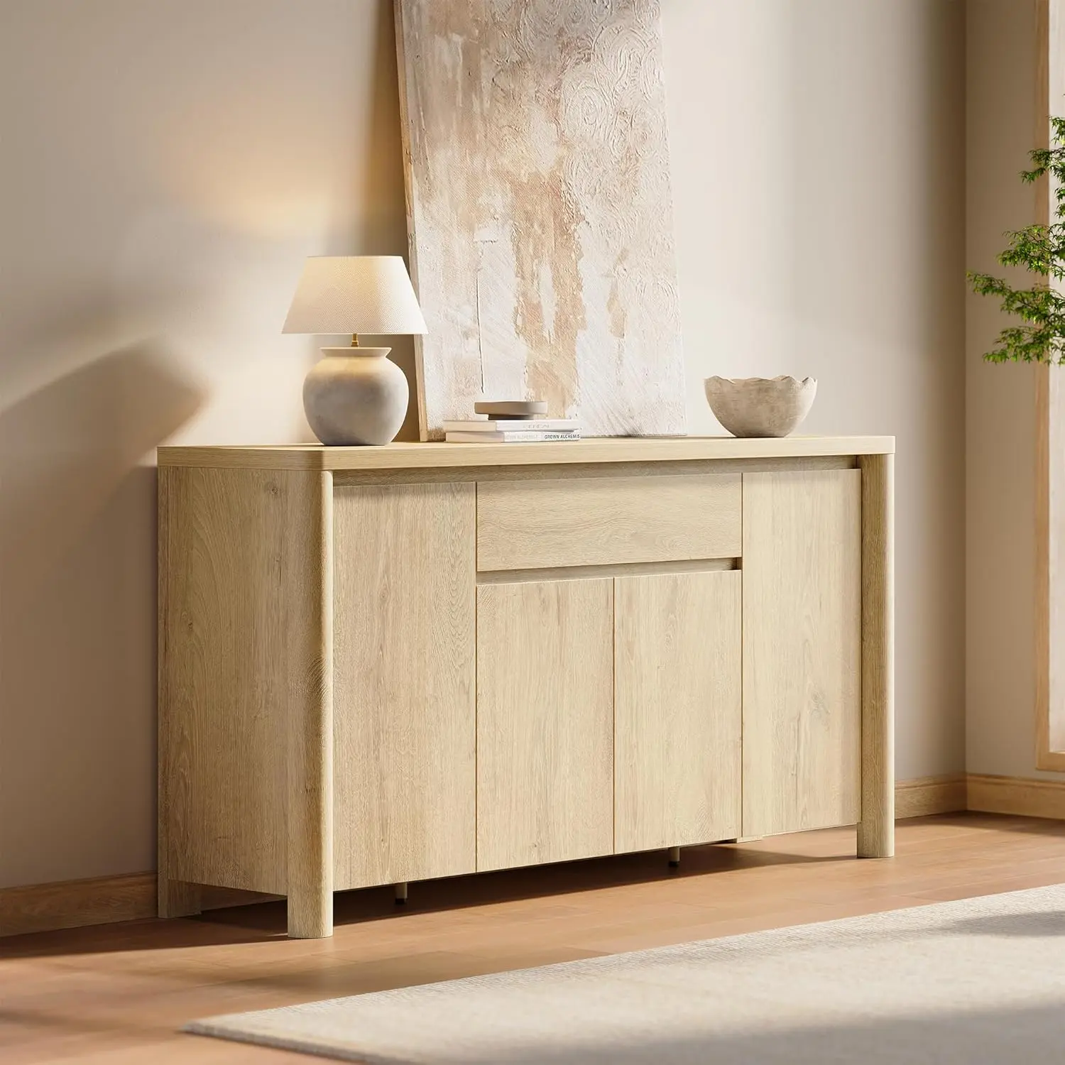 ModernMate 62.4" Modern Credenza Cabinet - Assembled Sideboard Storage, Curved Corners, 1 Drawer, 4 Doors, Large Round Legs, Heavy-Duty Accent Console Table, Natural Oak Finish for Dining, Living Rooms