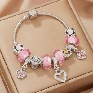 Luxury-Sleek Fashion Bracelet with Heart-Shaped Precious Stones Sparkling Beads Pink Large-Hole Pearls & Flower-Shaped Beads Perfect Gift for Thanksgiving Christmas Women