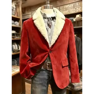 Men'S Red Coat with Fur Collar & Christmas Element Art Print - Lightweight Business Casual Jacket, Button-Front Closure, Regular Fit for Daily Wear, Festive Gatherings & Holiday Parties - Ideal Christmas/Thanksgiving Gift for Men (Casual to Semi-For