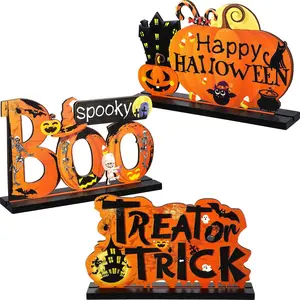 3 Pcs Halloween Centerpieces for Tables Happy Indoor Table Decorations Pumpkin Table Centerpieces Wooden Boo Trick or Treat Sign for Halloween Party Indoor Tier Tray Room (Boo)