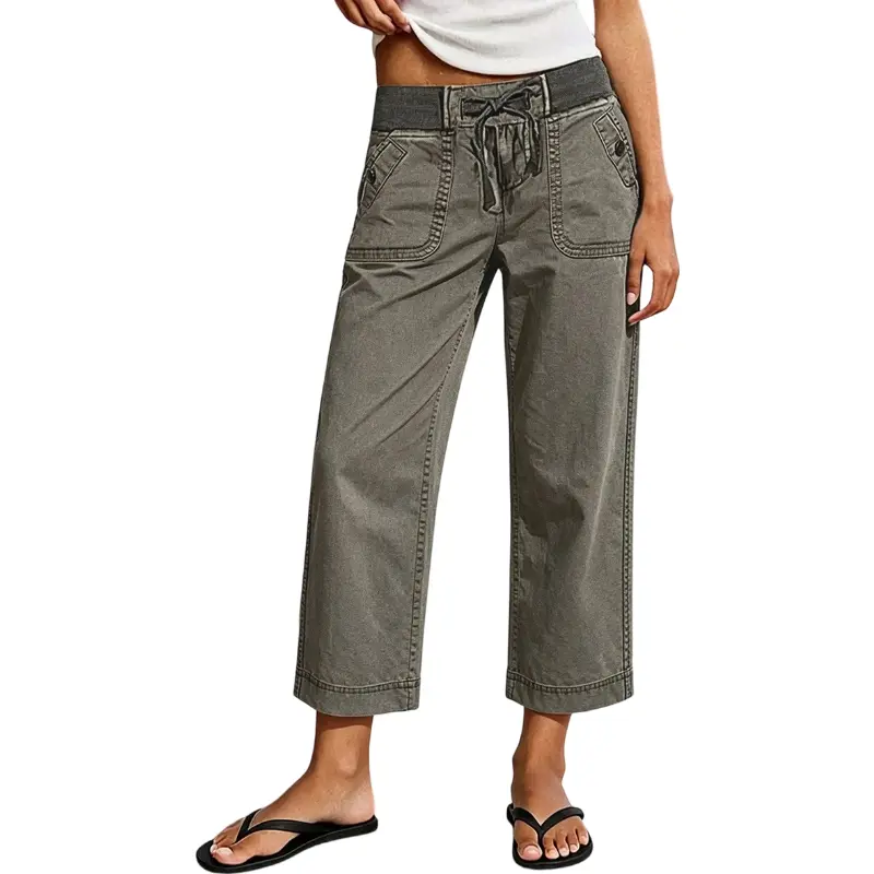 Flamingals Solid Drawstring Flap Pocket Mid Waist Straight Leg Crop Pants Womenswear Stretchy 23.6" Inseam