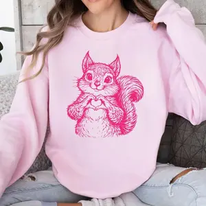 Cute Squirrel Valentine Sweatshirt/Hoodie/T-Shirt, Heart Hands Animal Line Art Graphic, Pink Love Woodland Critter Gift, For Men and For Women
