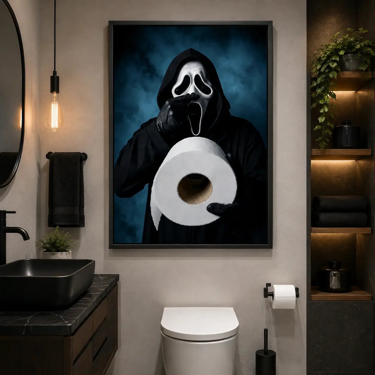 Funny Ghostface Holding Toilet Paper Framed Canvas Print, Scream Inspired Horror Ghost Mask Poster, Spooky Gothic Wall Decor, Fun Halloween Art for Bathroom & Bedroom Decoration
