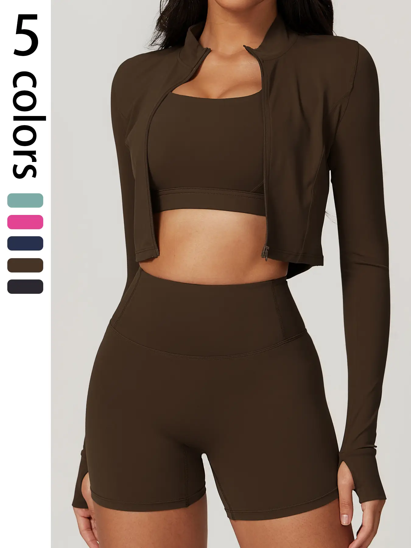 OPAAK Women Yoga lounge suit 2 piece Workout Gym High Waist Shorts Sets Crew Neck long sleeve zipper riding climbing Solid Color Elastic outdoor sport