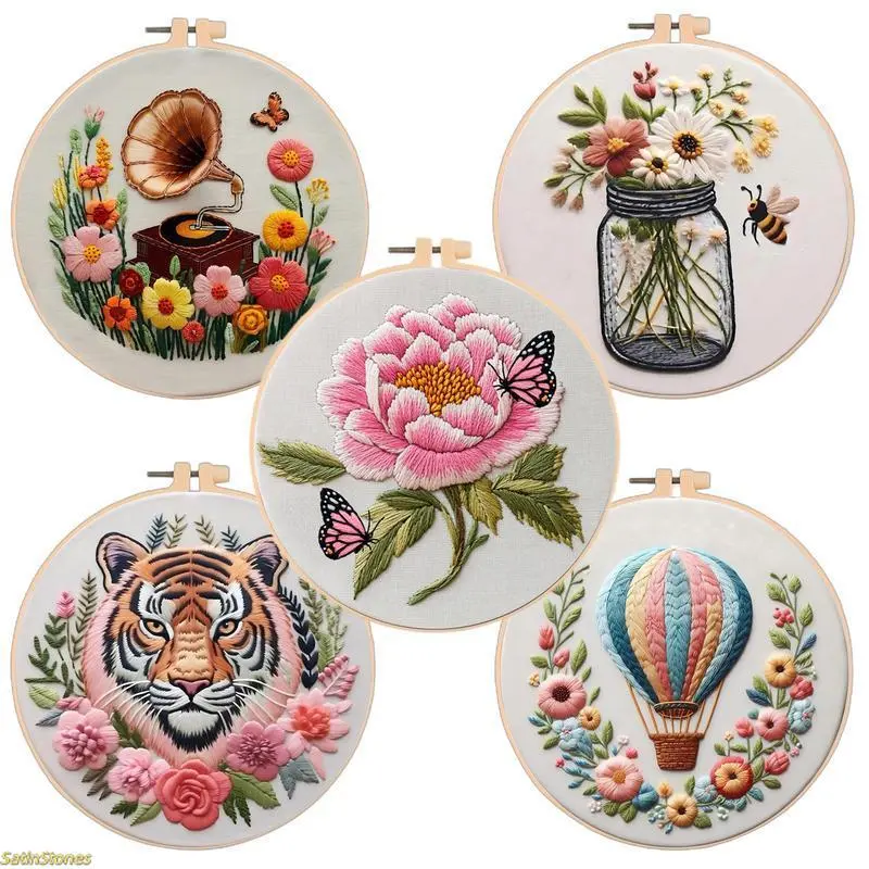 Embroidery Kit for Adults - DIY Flower Embroidery Craft with Stylish Hot Air Balloon Pattern, Full Stitching Set for Home Decor