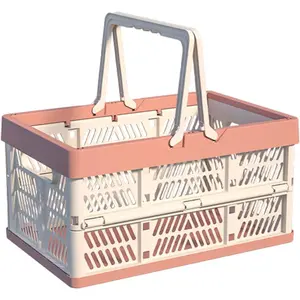 Collapsible Plastic Storage Crate 20L Folding Organizer Basket Portable Stacking Storage Crate Bin with Handle for Camping Picnic Car Trunk Home Storage Pink M
