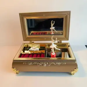 Vintage-Style Rectangular Music Box Jewelry Organizer, Ornate Design, Includes Mirror & Ballet Dancer Figurine, Ideal for Gifts, Decoration Items