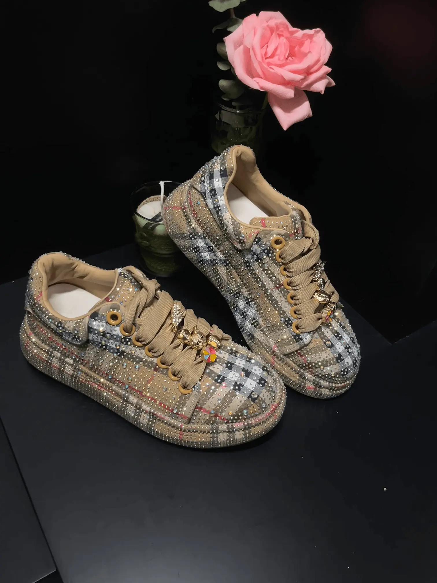 【Deals for You Days】 cute shoes shoes for women 2026 zapatos para mujer Women's Rhinestone Plaid Casual Trainers - Aesthetic Lace-Up Footwear, Sparkling Lightweight Walking Shoes, sneakers for women  foot shoes  fall shoes