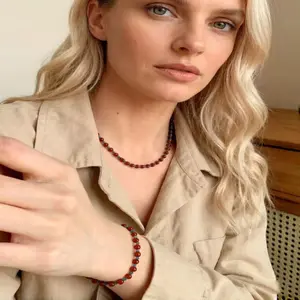 Xx jewelry  Boho Natural Red & Blue Agate Beaded Jewelry Set, Minimalist Layered Choker Necklace & Bracelet