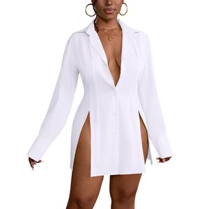 LYANERS Women's Button Down Shirt Dress Collar V Neck Long Sleeve Slit Sexy Shirt Dresses Formal Party Womenswear