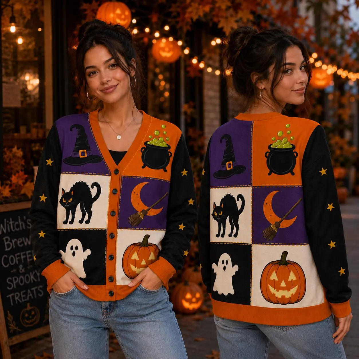 Halloween Patchwork Cardigan – Spooky Black Cat, Ghost, Pumpkin, Witch Hat & Cauldron Button-Up Sweater, Cute Fall Outfit Gift
