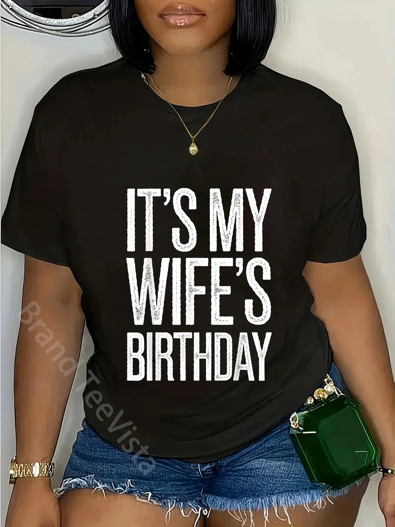 Women's 100% Cotton Vintage Style Short-Sleeve Crew Neck Graphic T-Shirt with Large Letters "It's My Wife's Birthday" Distressed Design, All Seasons Fashion Unisex Casual Streetwear Top