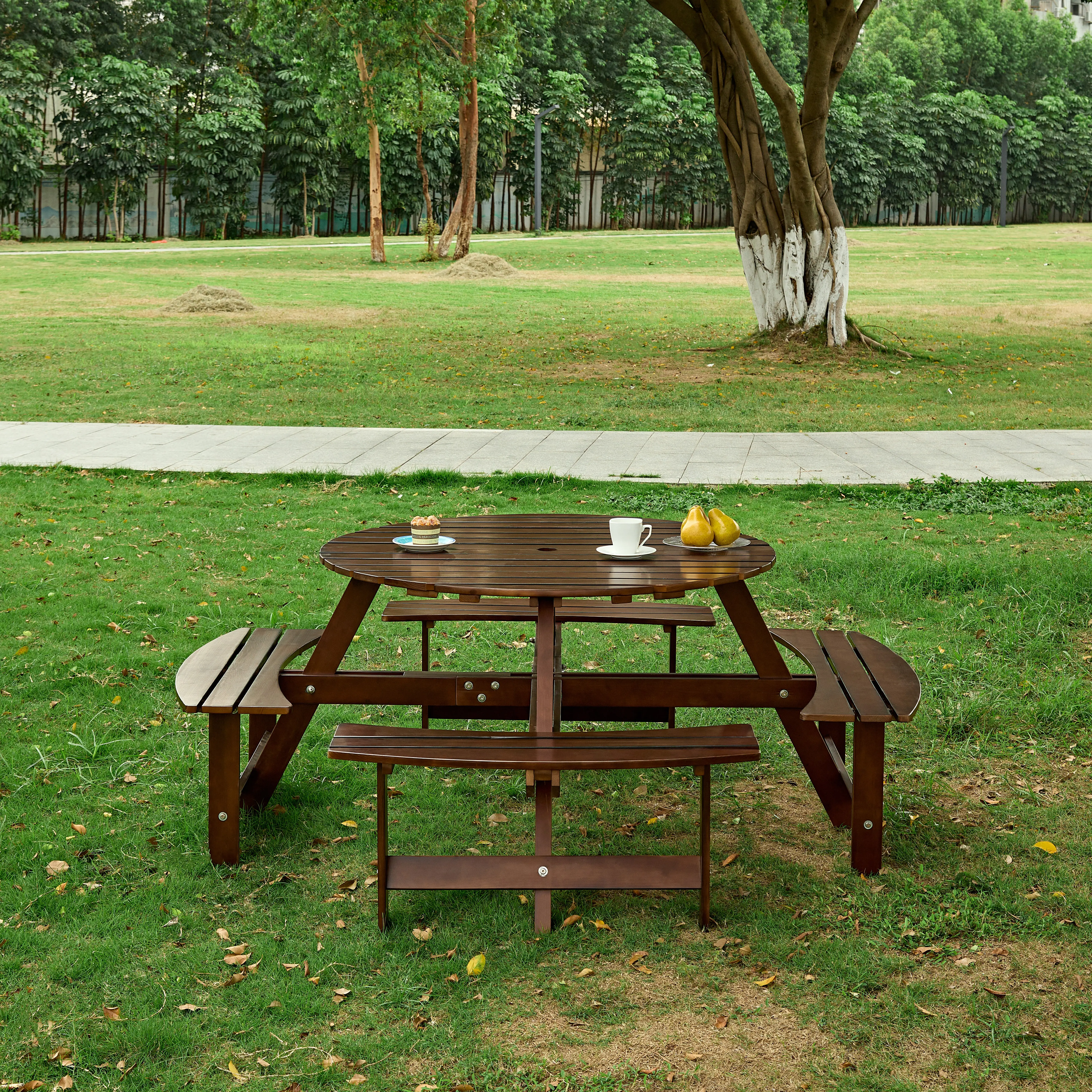 Outdoor 8 Person Picnic Table, 8 person Round Picnic Table with 4 Built-in Benches, Umbrella Hole, Outside Table and Bench Set for Garden, Backyard, Porch, Patio, Brown