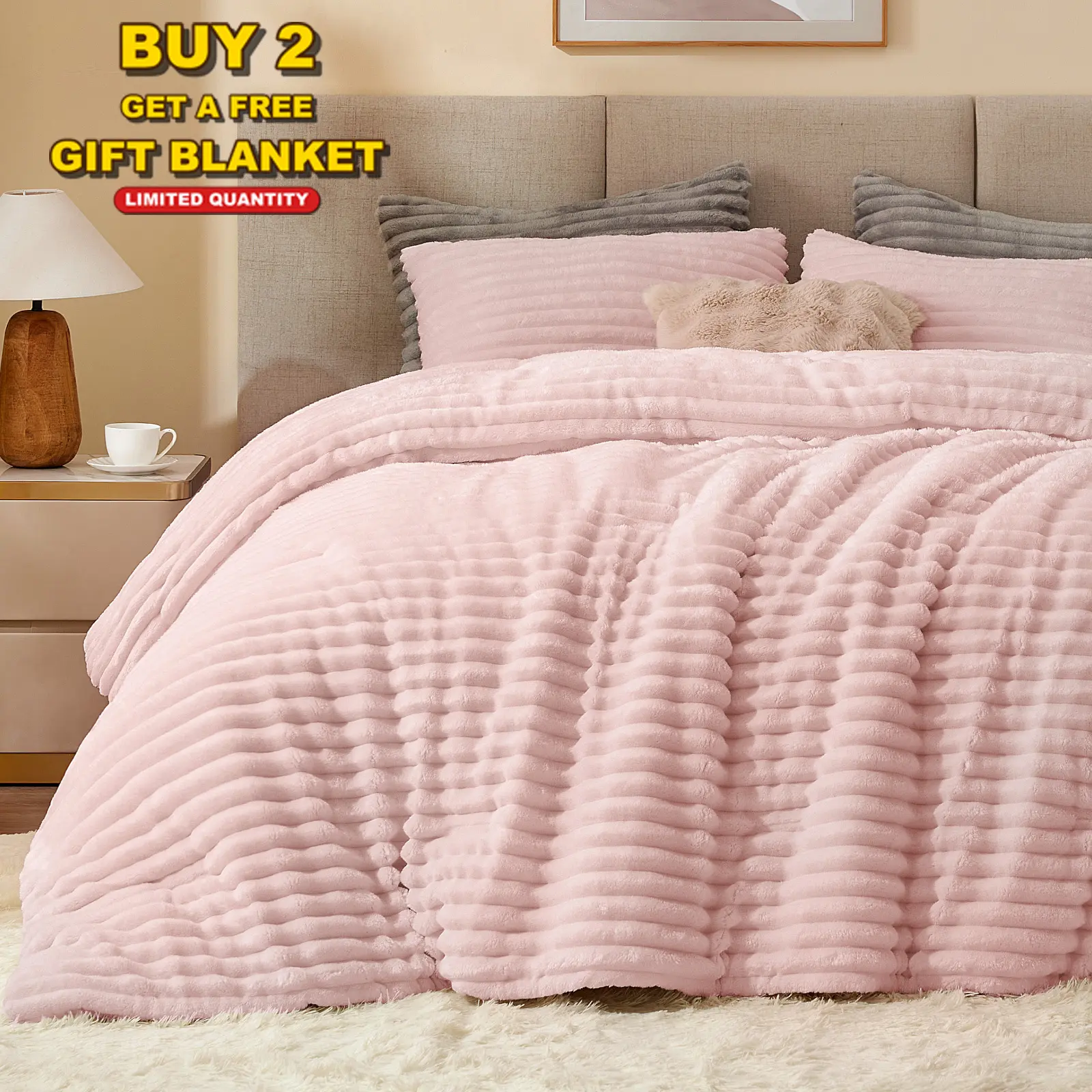 BEDELITE Queen Fleece Bedding Set - Super Soft Fluffy Pink Comforter with 2 Pillow Cases, Heavy All-Season Machine-Washable, King Size Comforter Sets Available, Girly Room Stuff, Room Decor, Bedroom Items, Home Decor Items,familyfun