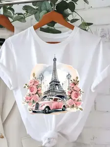Romantic Paris Theme Short Sleeve T-Shirt, Eiffel Tower Print, Rose & Vintage Car, Casual Loose Fit, Summer New Arrival