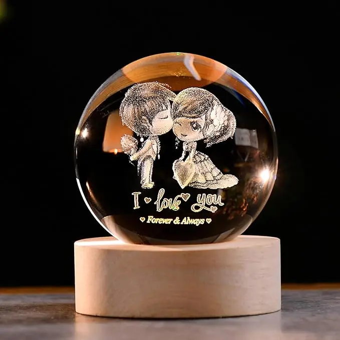 3D Couple Crystal Ball Valentine's Gifts for Her 2.36" Engraved Glass Couple Sphere Gifts with Colorful Lighted Base Decorative Glass Ball Romantic Anniversary Decor Wife Birthday Gifts