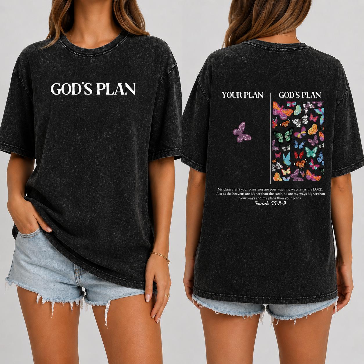 Unisex Vintage Washed Cotton Graphic T-Shirt, Oversized Crew Neck Tee with God’s Plan Butterfly Front & Back Print, Casual Streetwear Top