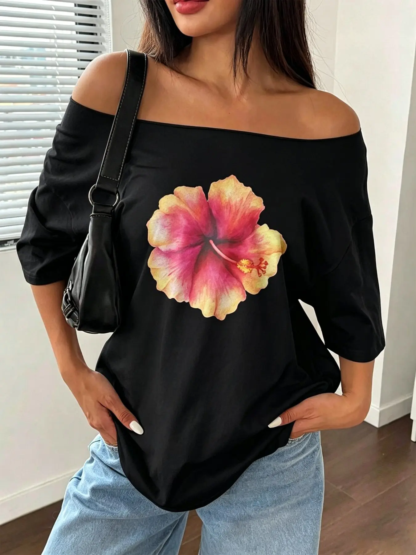 Hibiscus Print Off-Shoulder White T-Shirt | Tropical Beach Aesthetic | Oversized Loose Fit | Versatile Summer Wear | Perfect for Vacation/Coastal Fans