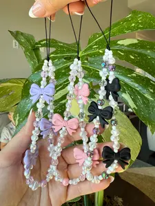 Beaded Phone Charm Lanyard | Pearl Bow Phone Wrist Strap | Acrylic Phone Accessory
