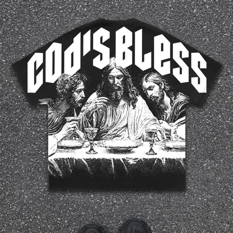 Men's Jesus Print Round Neck Classic Knit Graphic Tee, Regular Fit Casual Streetwear Short Sleeve T-shirt for Summer, Men's Top for Daily Wear, Socks, Outfit, Classic Graphic Tees