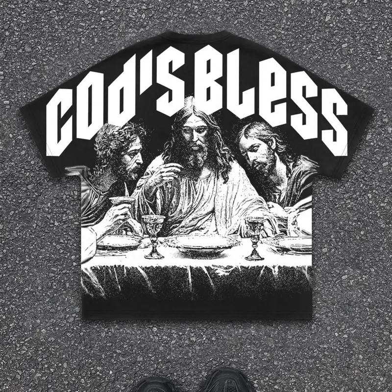 Men's Jesus Print Round Neck Classic Knit Graphic Tee, Regular Fit Casual Streetwear Short Sleeve T-shirt for Summer, Men's Top for Daily Wear, Socks, Outfit, Classic Graphic Tees