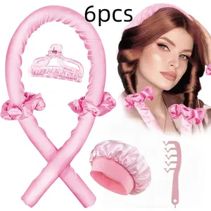 6-Piece Women's Heatless Curling Iron Set with Satin Sleep Cap, Soft Overnight Hair Rollers for All Hair Types Heatless Hair Curler