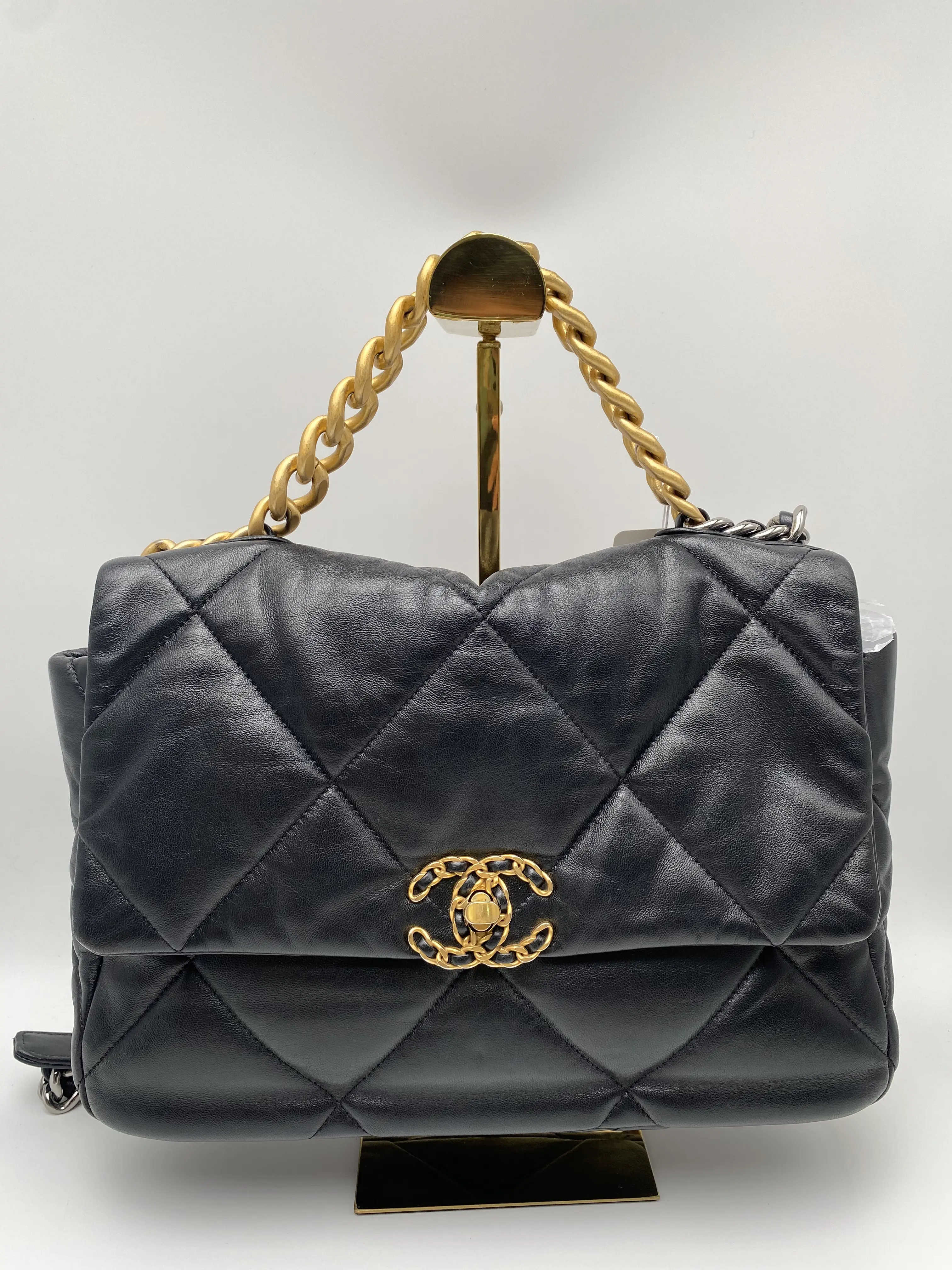 Pre-owned CHANEL 19 Large Black Lambskin Maxi Diamond Quilted Bag Two Tone Gold Silver Chain