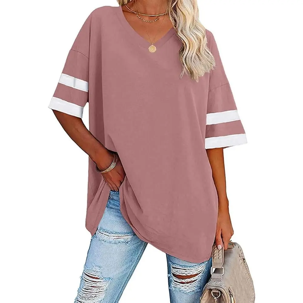 Women's T Shirts Oversized V Neck Striped Tees Half Sleeve Casual Comfy Cozy Cotton Tunic Tops Summer Women's T Shirts Oversized V Neck Striped Tees Half Sleeve Casual Comfy Cozy Cotton Tunic Tops Summer