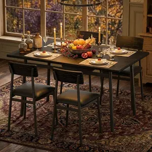 Modern Dining Table Set for 4 with Upholstered Chairs - Smooth Edges - Sturdy Wood Construction - Ideal for Apartment or Home Kitchen -  Walnut/ Gray /Black PVC Finish