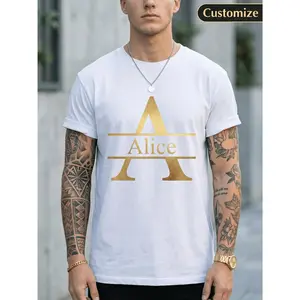 Personalized Custom Name Initial Letter Print Men'S T-Shirt, Short Sleeve Crew Neck Black Tee, Golden Monogram Graphic Tops, Casual Loose Unisex Couple Shirts. DIY Design for Summer Daily Wear, Birthd