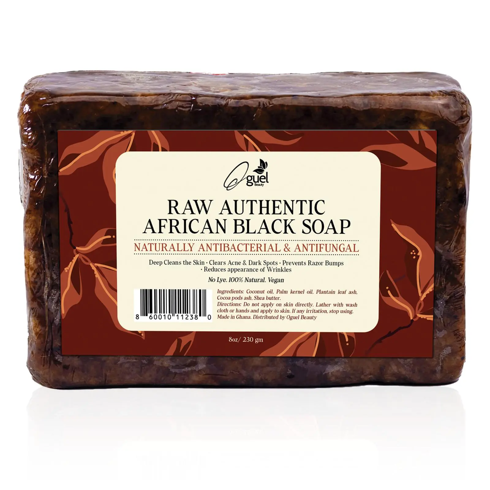 Oguel Beauty Raw Authentic African Black Soap 8oz - Naturally Antibacterial & Antifungal for Acne Rash & Razor Burns - Pure Natural Ingredients from Ghana - Gentle Exfoliant for Skin Care - Cocoa