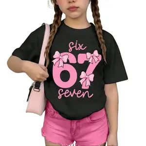 Girls' Y2K Aesthetic Bowknot Print Shirt, Trendy #67 Pink Letter Print Short-Sleeve Cotton Top, Kids Clothing Girls