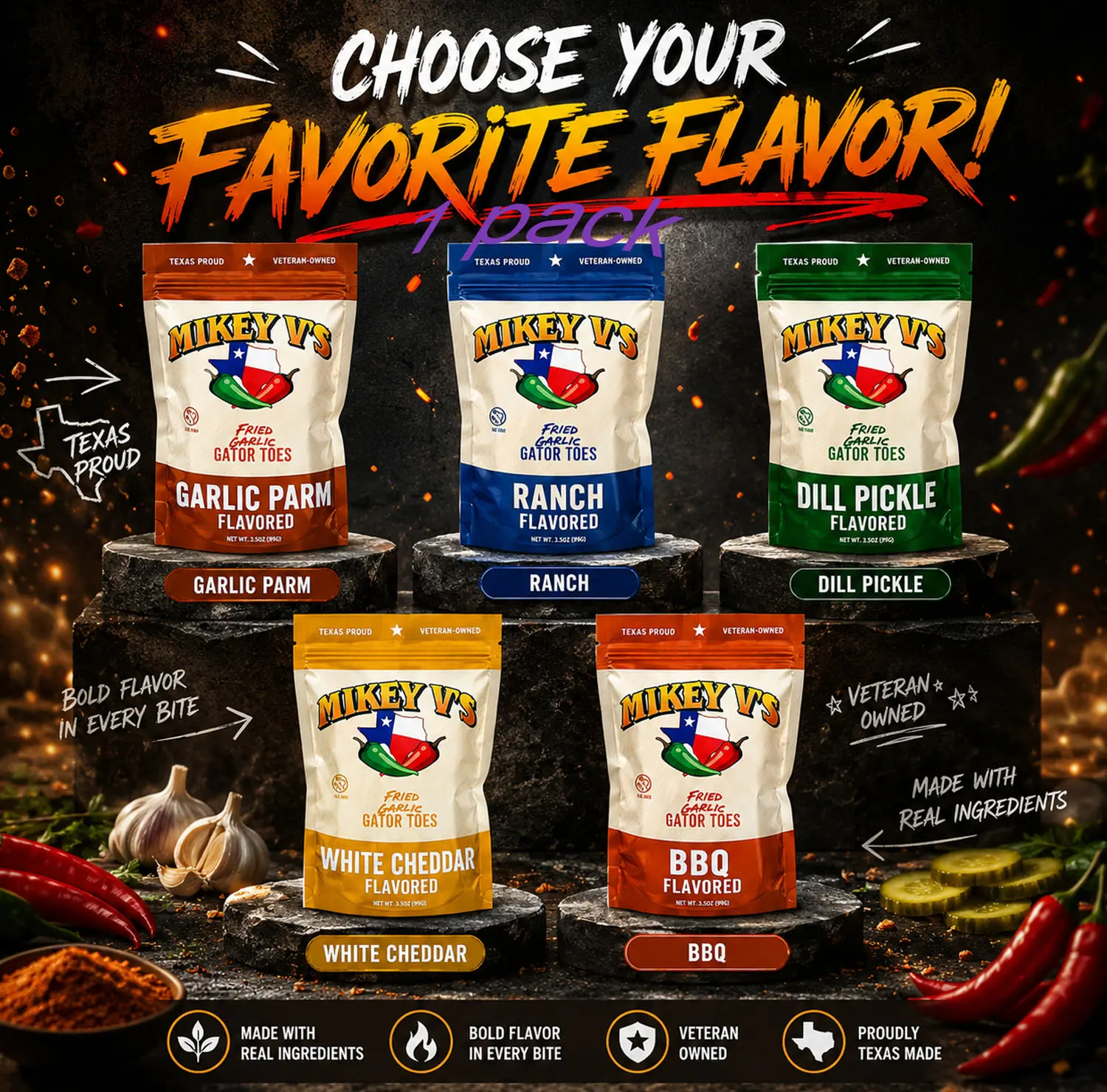 [Choose your favorite flavor] 1 pack Mikey Vs Garlic Parmesan Gator Toes – Deep-Fried Garlic Snacks, Crunchy Cheesy Bites, 3 oz Bag