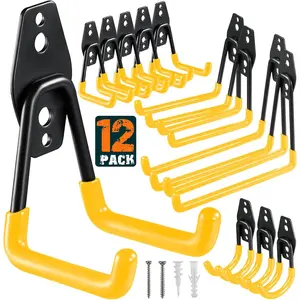 12 Pack Garage Hooks Heavy Duty Utility Steel with Anti-Slip Coating Wall Mount Storage Organizer for Hanging Power and Garden Tools, Ladders, Hose, Bikes, Ropes, Bulk Items, and More