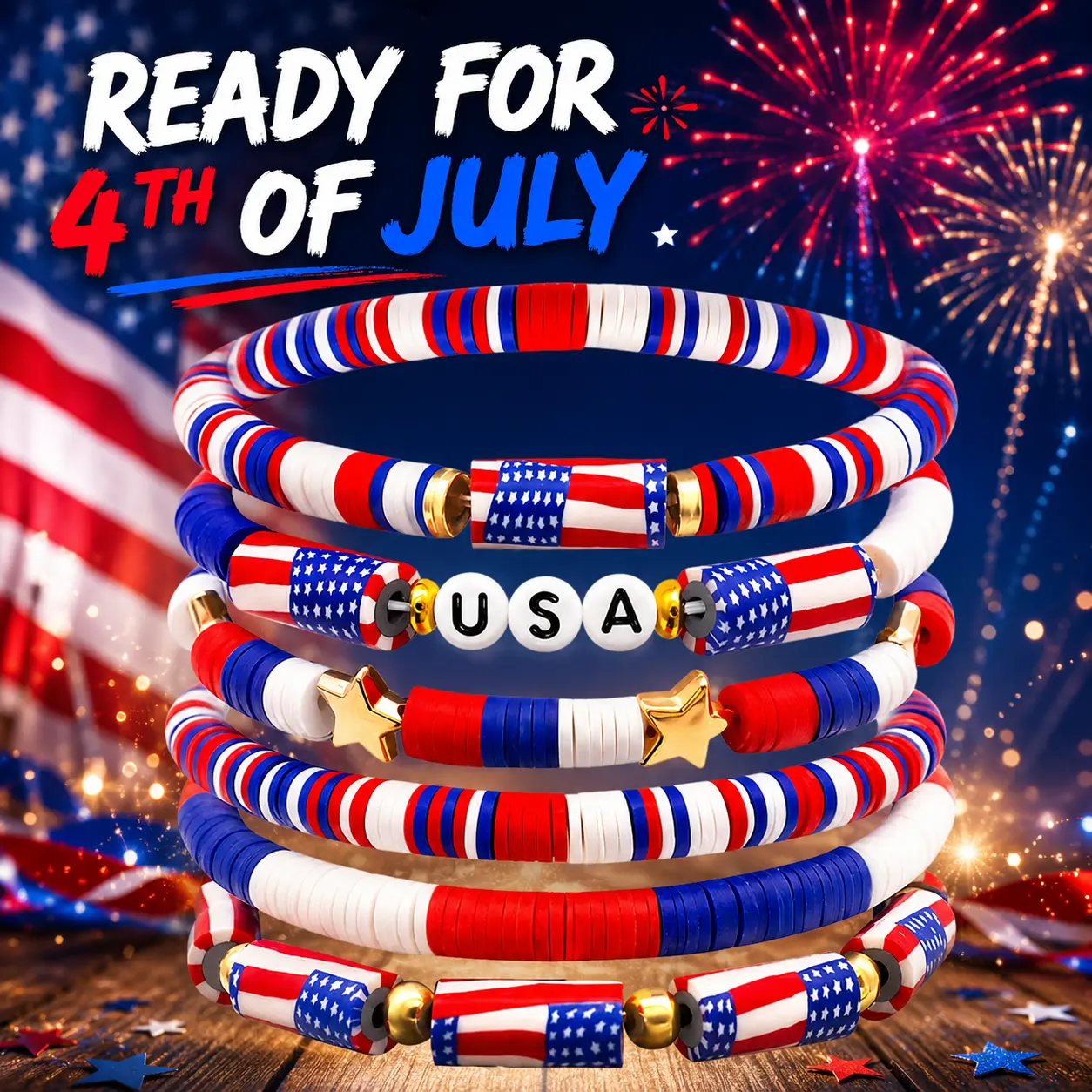 4th of July Bracelets-250 Anniversary USA American Flag Accessories, Red White Blue, Patriotic USA Jewelry Independence Day Gift for Men Women