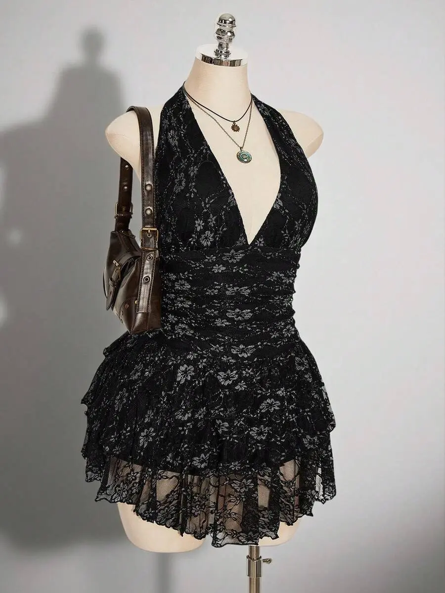ZENIE Plus Size Retro Black Floral Silver Lace Deep V Neck Halter Tie Waist Prom Graduation Dress Y2K Goth Summer