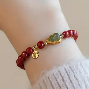 1 Elegant Red Beaded Bracelet with Green Heartstone and Gold Wealth Charm-Vintage Chinese Style, Perfect for Women's Daily Wear and Party