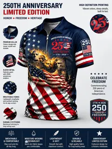 Patriotic American Flag Polo Shirt for Men, Sporty Polo Shirts, Multiple colors 250th Anniversary 1776-2026, Sporty Fitted Design, Ideal for 4th of July Gifts Zippered Polo